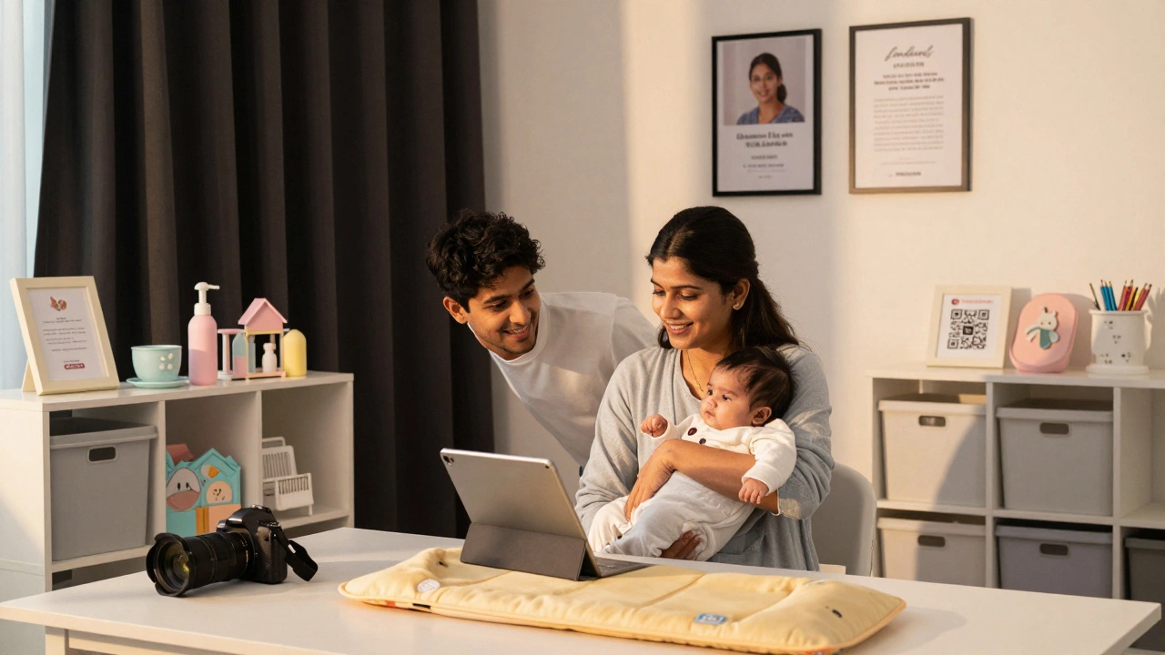 A photographer showing a newborn photo to a smiling mother in a warm, cozy studio.