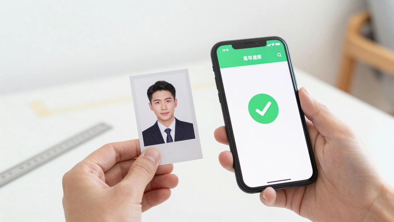 A printed passport photo held in hand next to a smartphone showing a passed verification check, on a plain white background.
