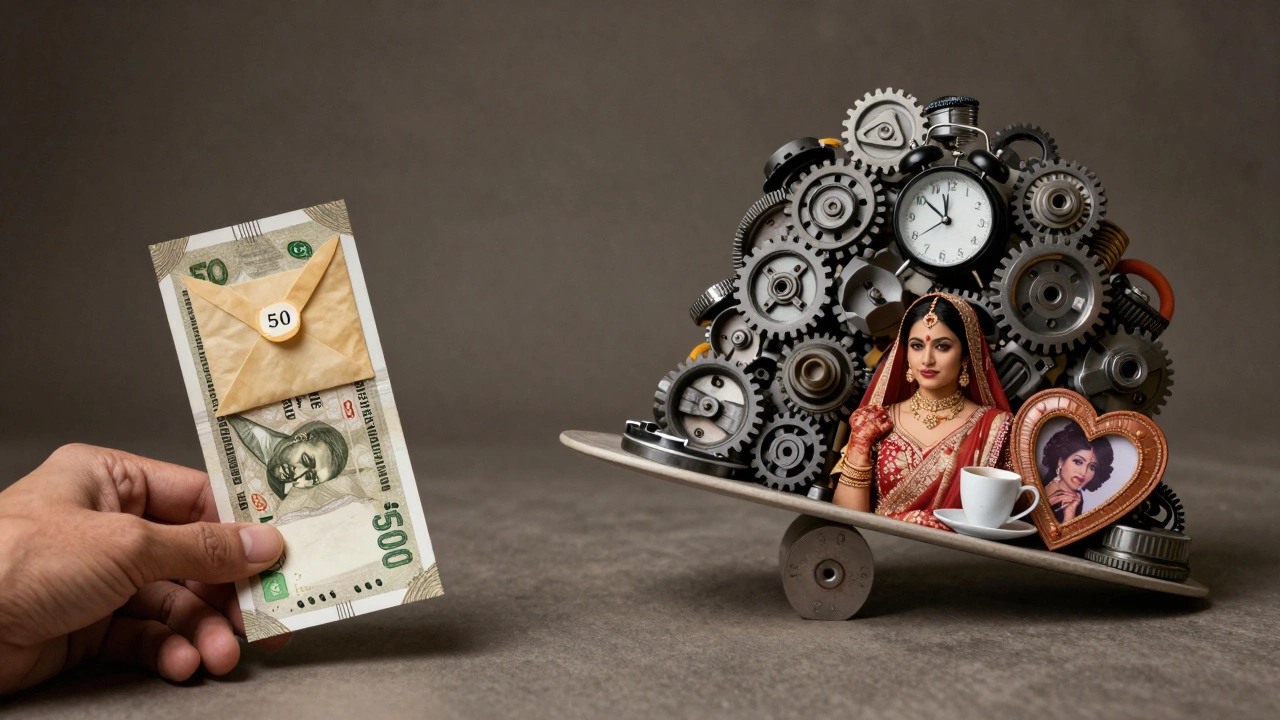 A small tip on one side of a scale contrasts with heavy gear and long hours on the other.