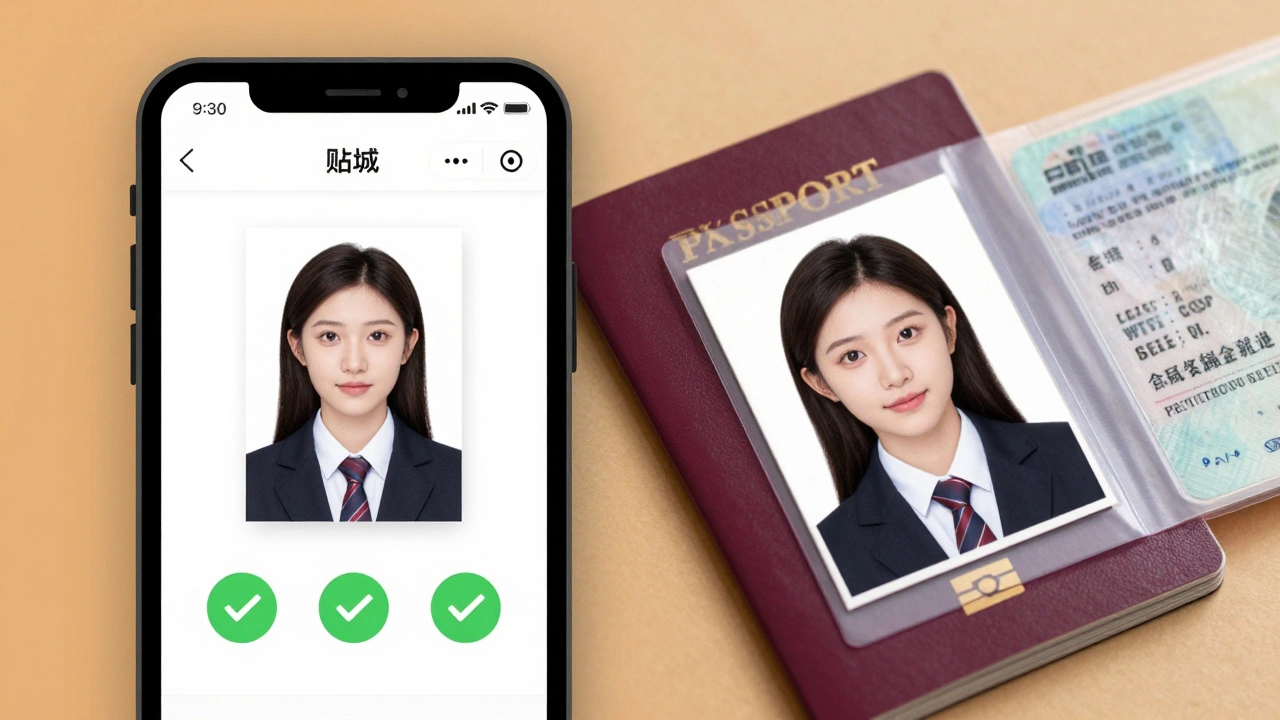 Approved passport photo on phone next to printed copy and official documents.
