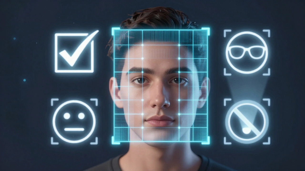 Biometric scan of a face with compliance icons for passport photo standards.