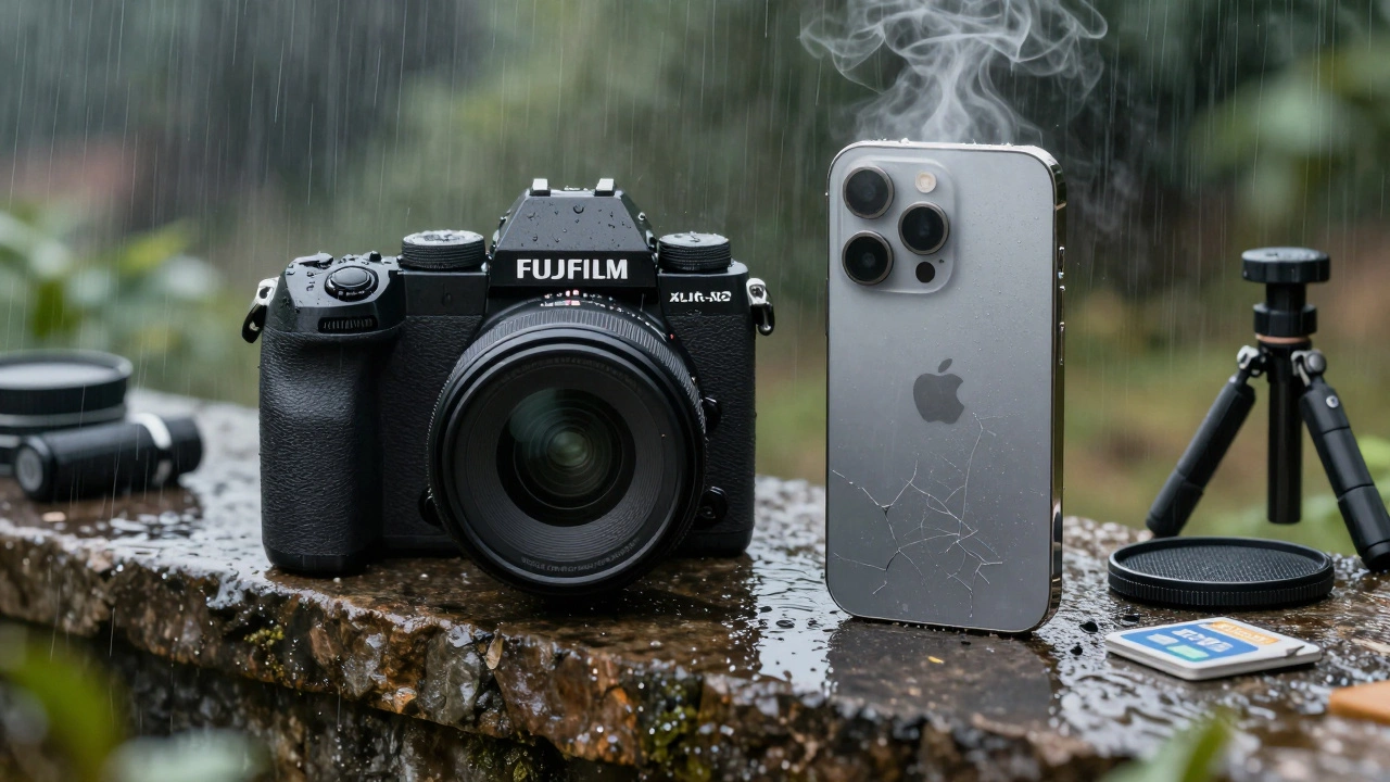Digital camera enduring monsoon rain while a smartphone overheats and fogs up beside it.