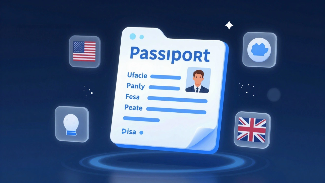 Digital passport photo file in cloud storage with international visa icons.