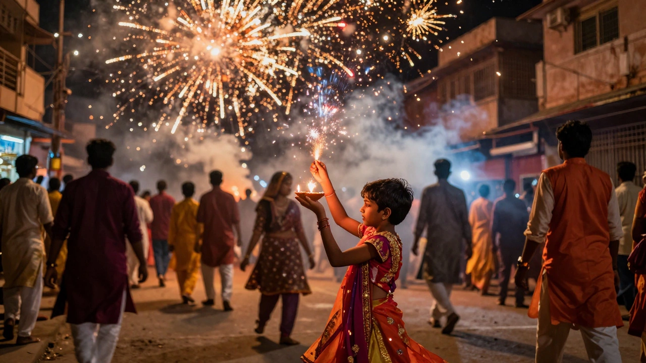 Diwali festival street scene with child holding diya and fireworks in night sky.