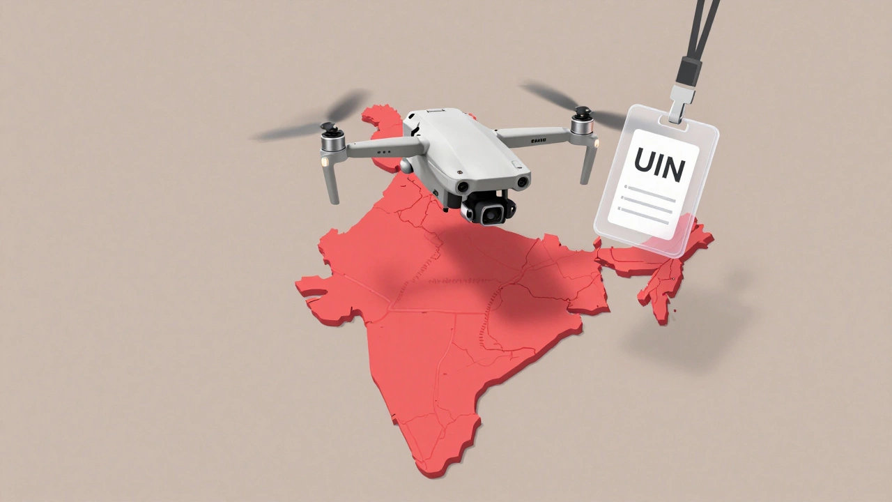 DJI Mini 2 with UIN badge floating above India map marked with restricted no-fly zones.