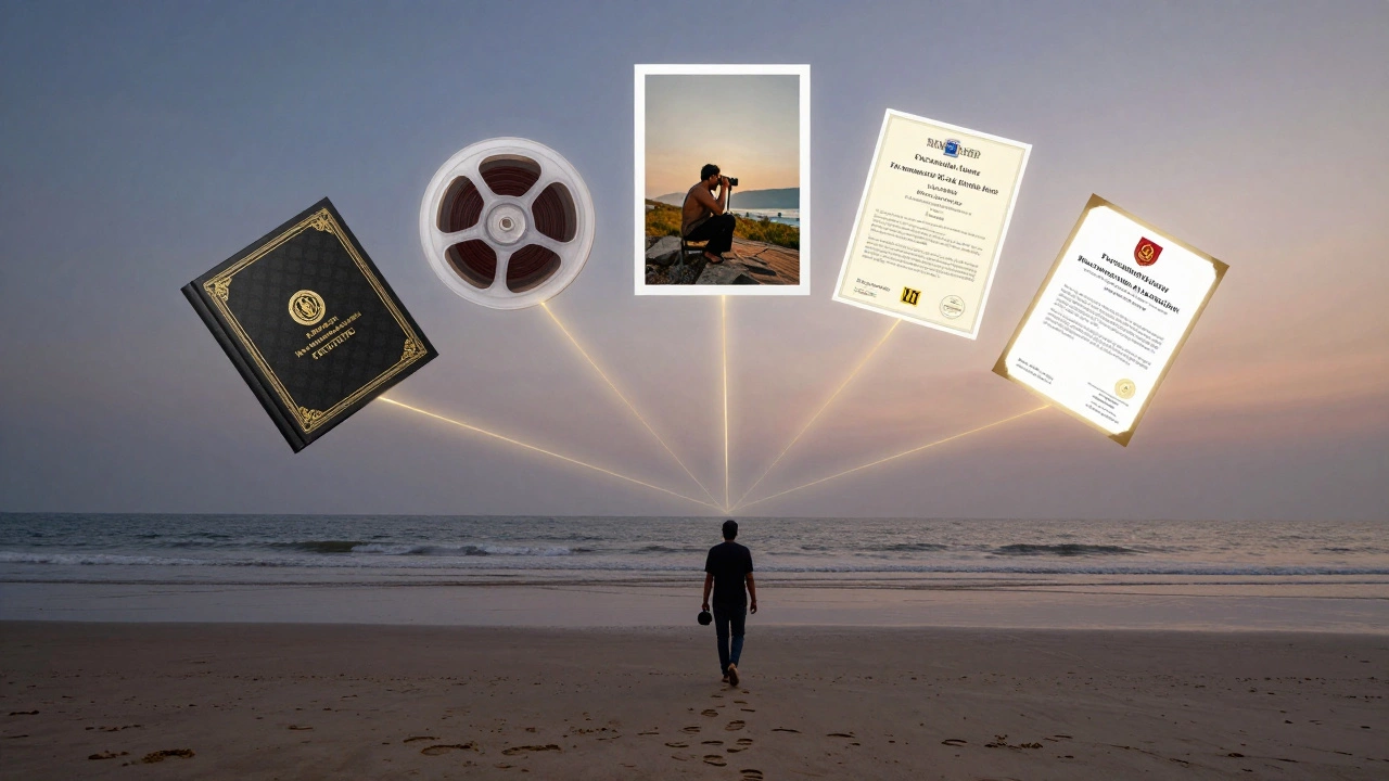 Floating income streams from wedding photography — album, film, art, workshop — connected to a figure walking toward horizon at dusk.