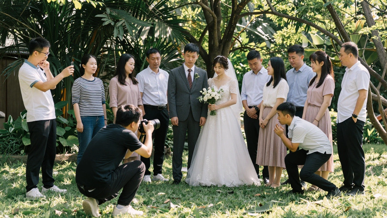 Large family posing for wedding photos in a garden, photographer capturing the moment amid mixed expressions and movement.