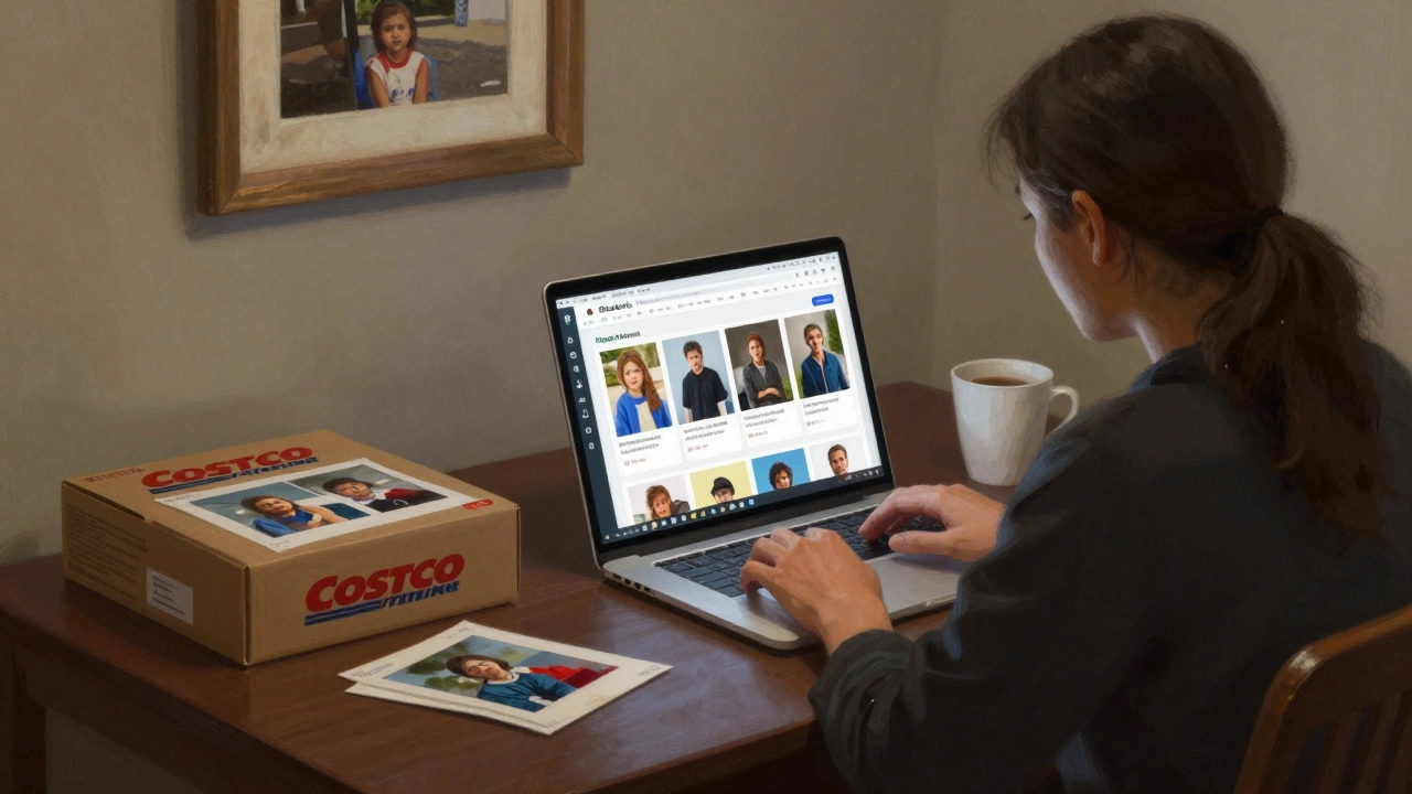 Person staring at laptop with photo book editor while unopened prints sit nearby, evoking nostalgia.