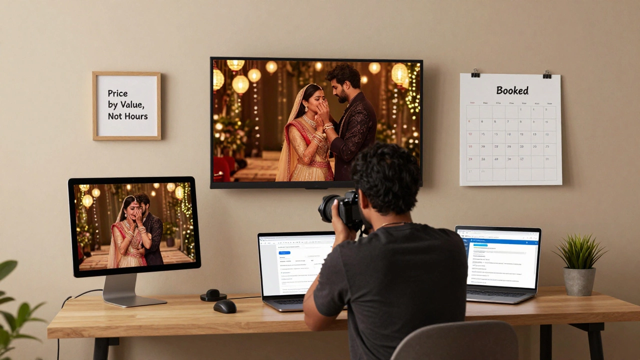 Photographer in minimalist studio, digital screens showing emotional wedding moments, calendar with few high-value bookings.