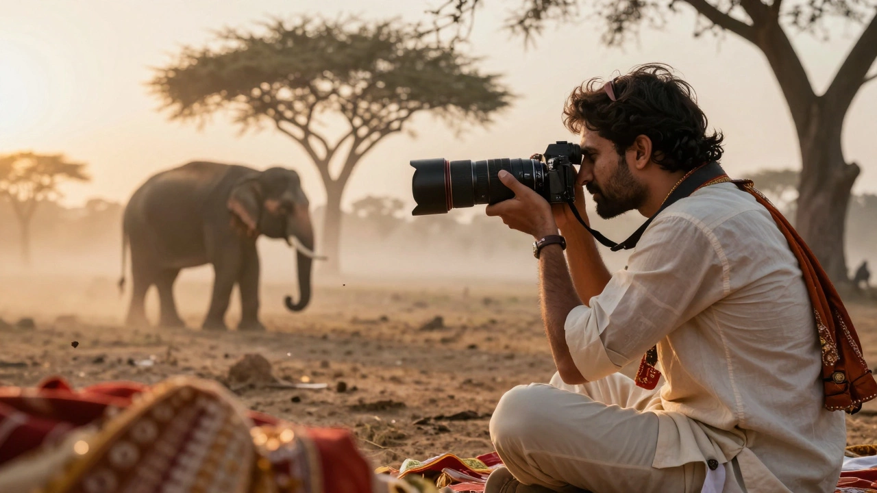 Photographer with telephoto lens capturing an elephant at sunrise during a Rajasthan wedding.