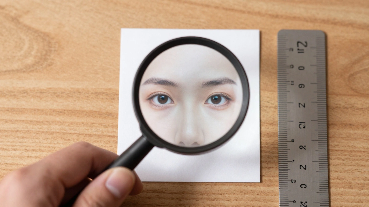 Printed passport photo held to light, showing pure white background and precise measurements.