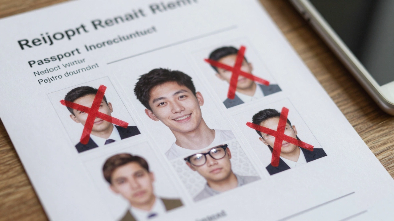 Rejected passport photo with red Xs over common errors like smile, glare, and shadow.