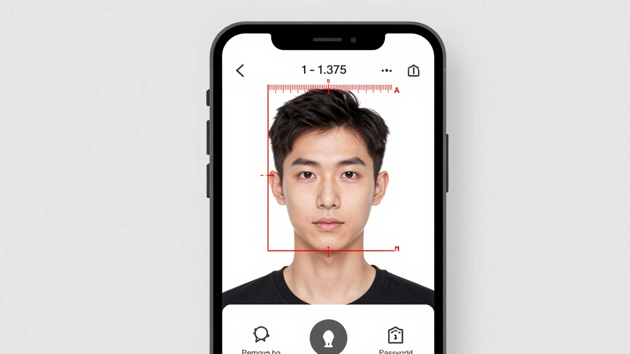 Smartphone screen showing passport photo with red ruler overlay confirming correct head size.