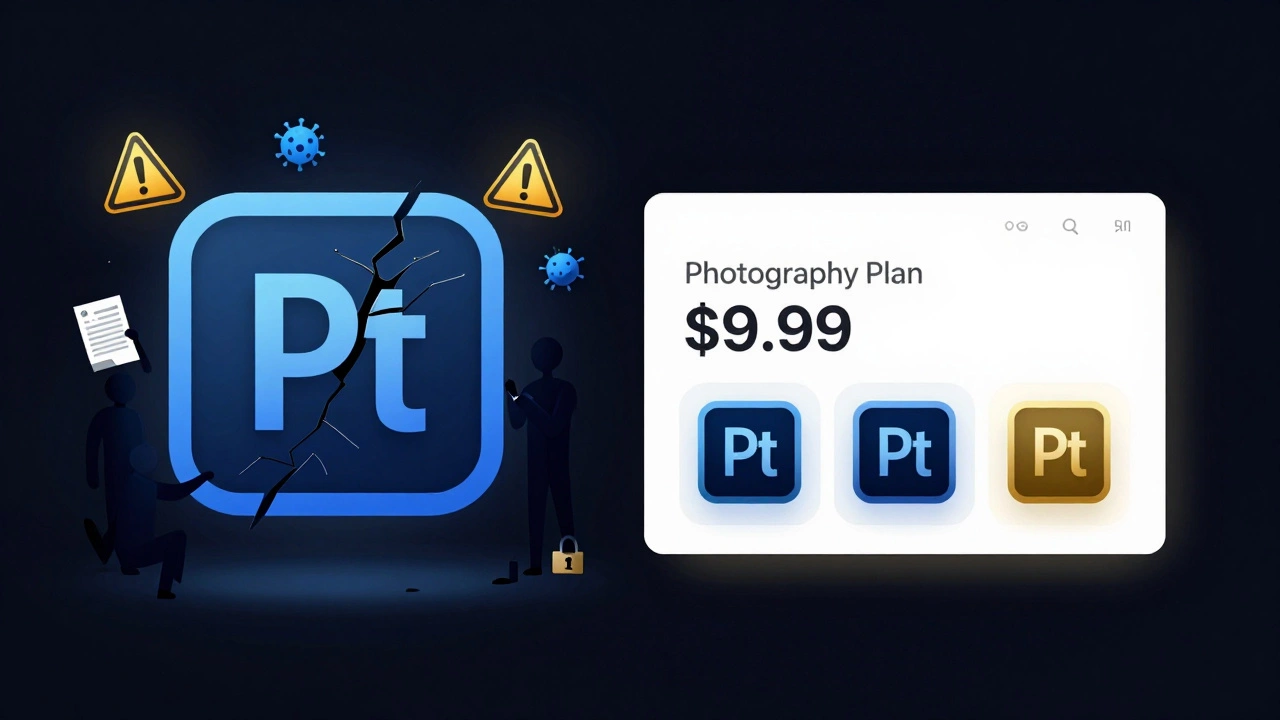 Split image showing illegal Photoshop use with warnings on one side and official Adobe subscription on the other.