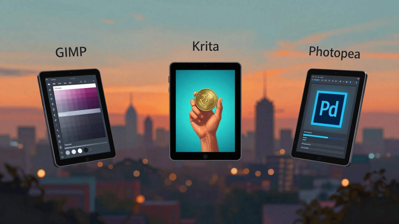 Three free photo editing tools floating beside a rupee coin, representing affordable alternatives to Photoshop.