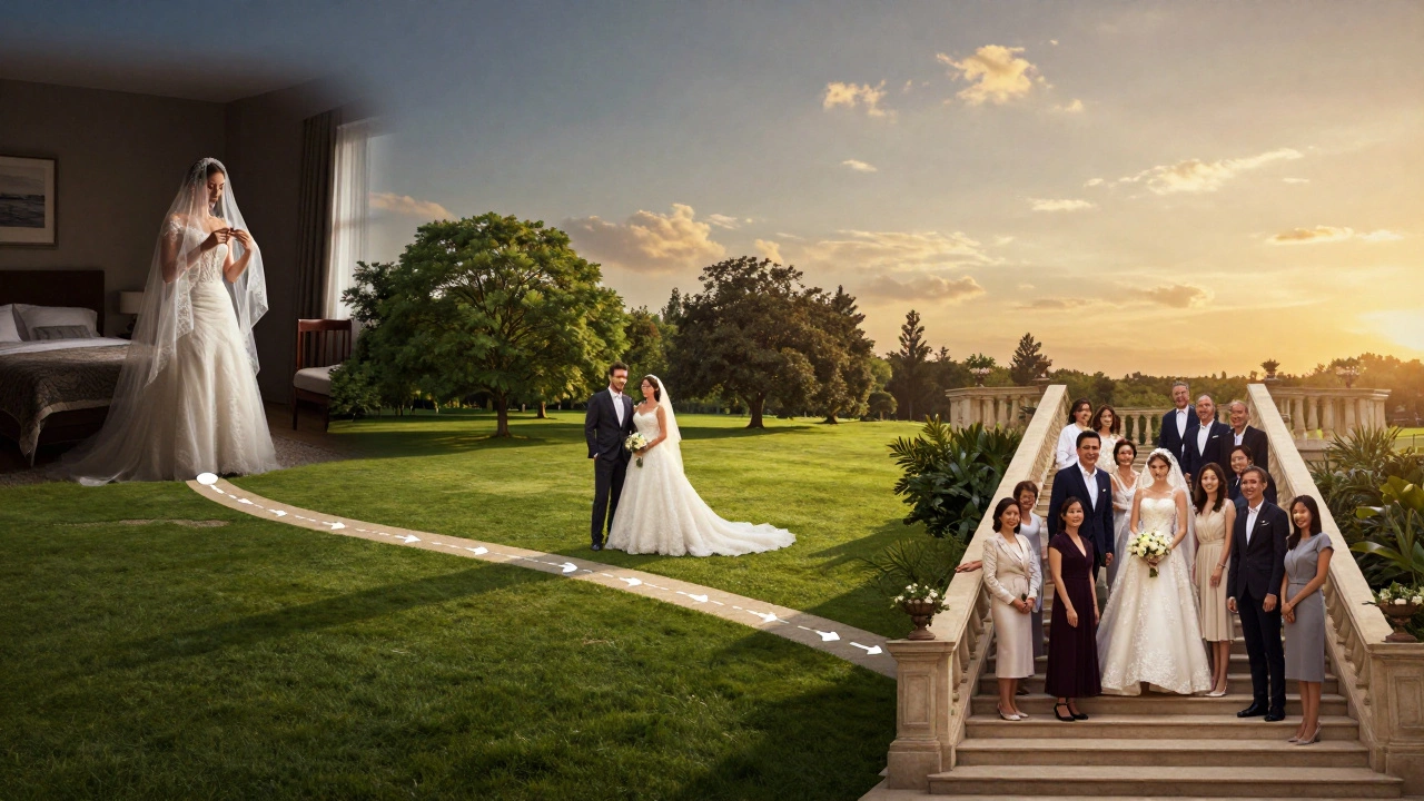 Visual timeline of wedding photo session progressing from getting ready to outdoor portraits under changing daylight.