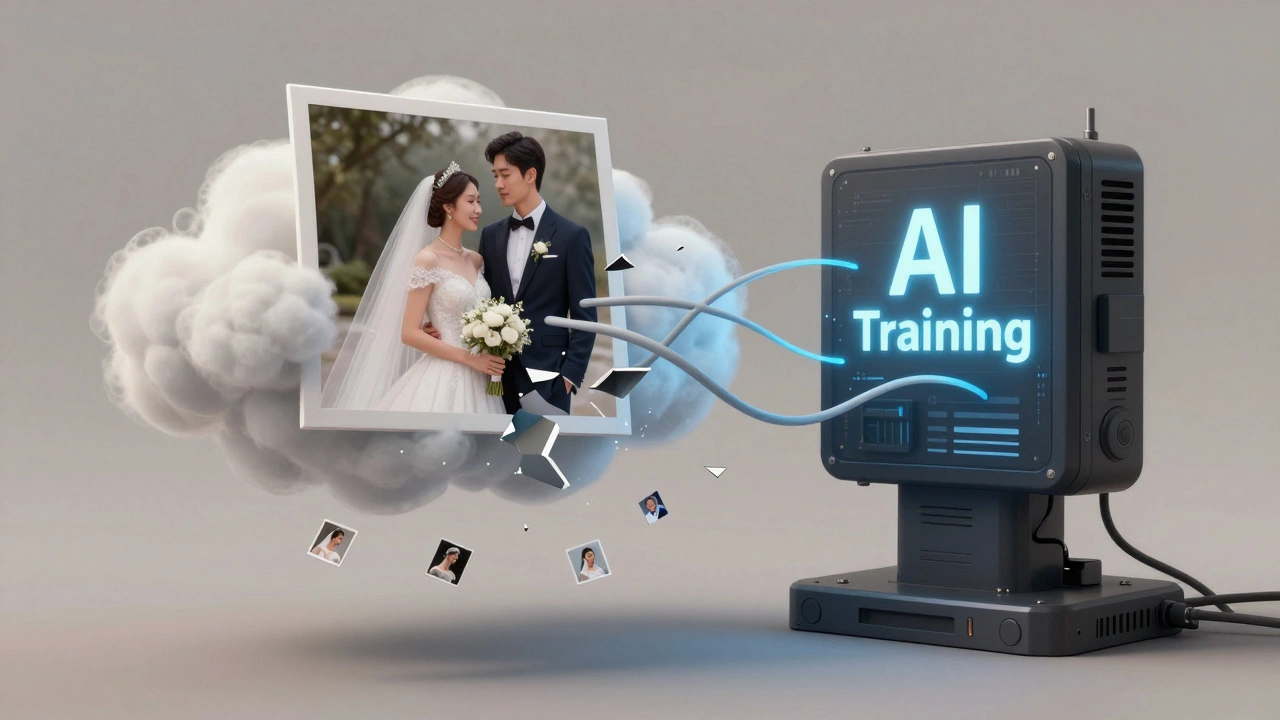 A wedding photo being pulled into an AI machine by invisible strands, with watermarked copies falling away.