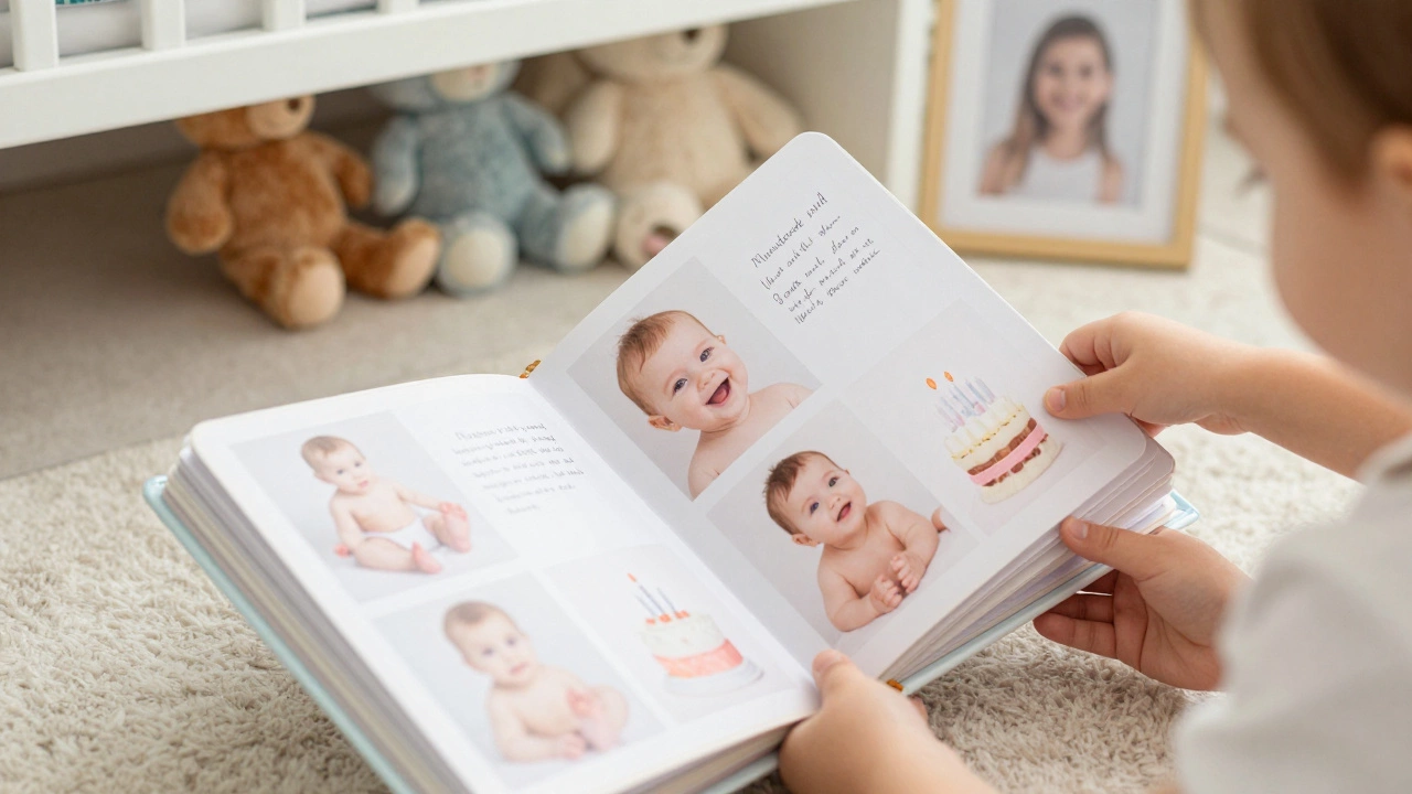 Child opening a Shutterfly baby album in a nursery, showing monthly milestones with handwritten notes.