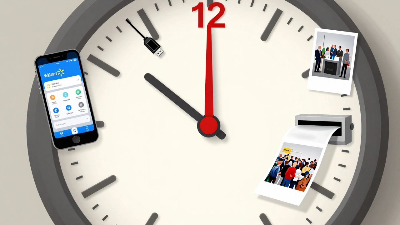 Clock with photo prints as hands showing fast vs. delayed print times.