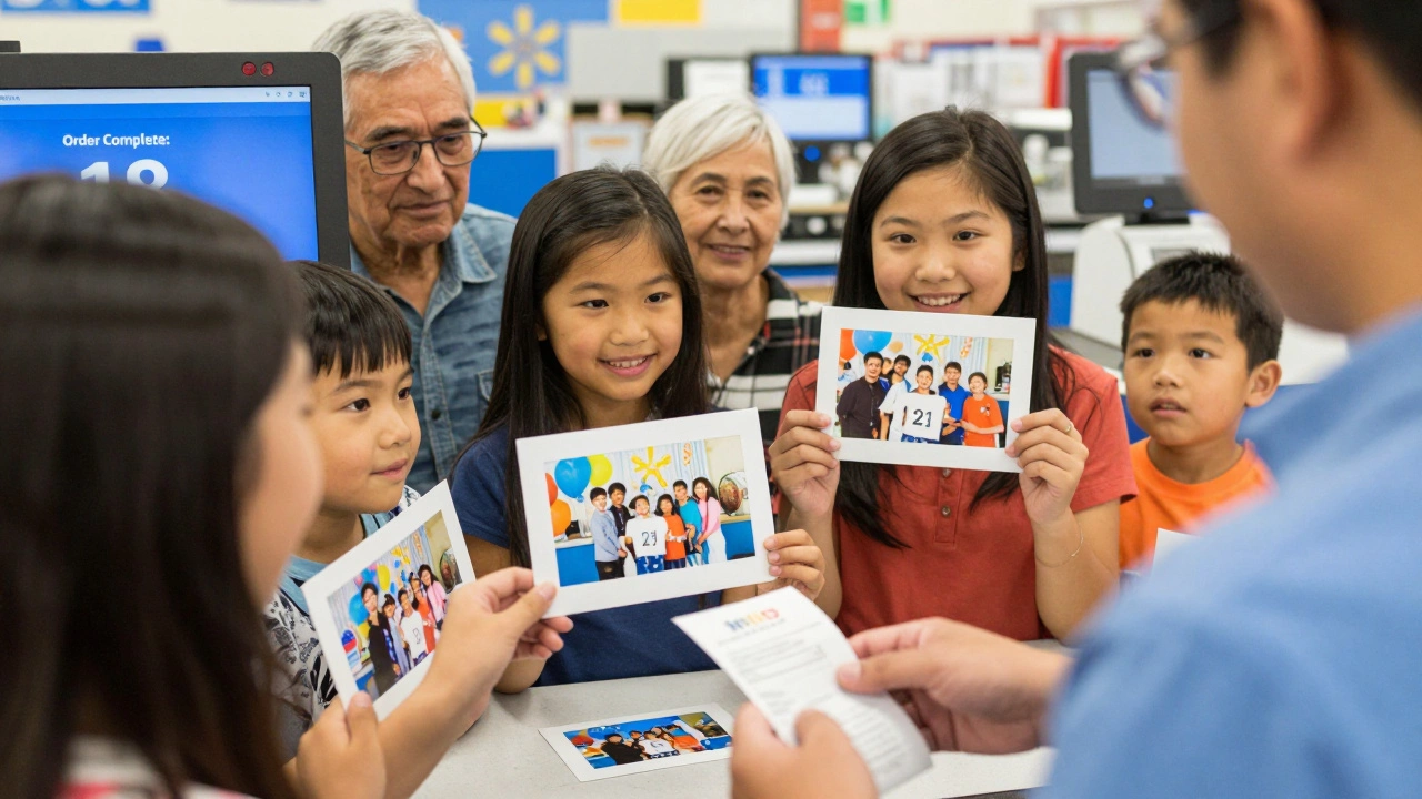 Family receiving printed photos at Walmart pickup counter with smiling expressions.