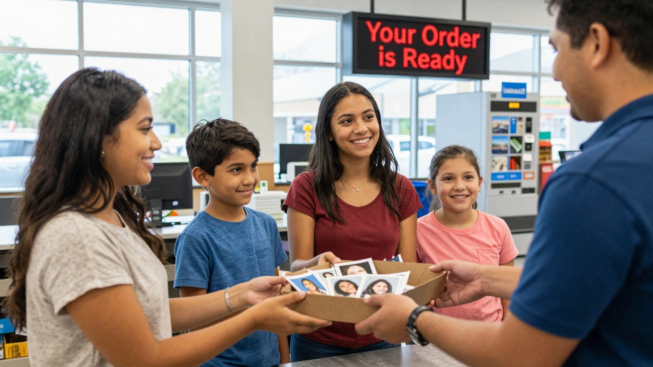 Family receiving printed photos at Walmart pickup counter.