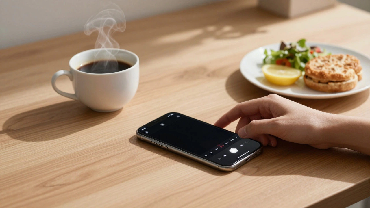 iPhone on table beside coffee and food with subtle editing tools glowing nearby.