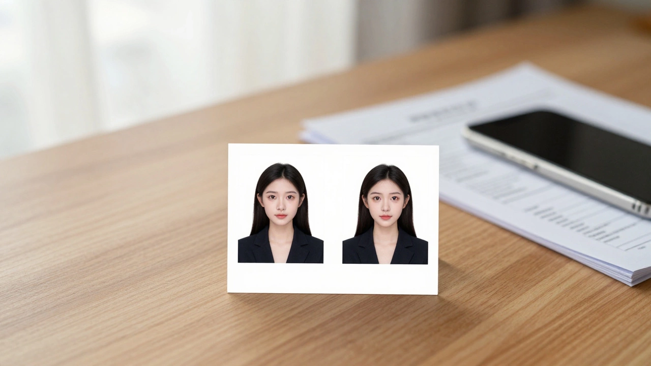 Printed 2x2 inch passport photo on desk next to iPhone, natural lighting, no text.