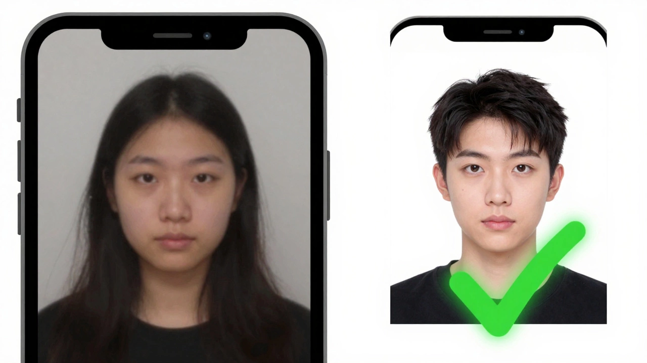 Side-by-side comparison of a poor selfie vs. correctly cropped passport photo on iPhone.