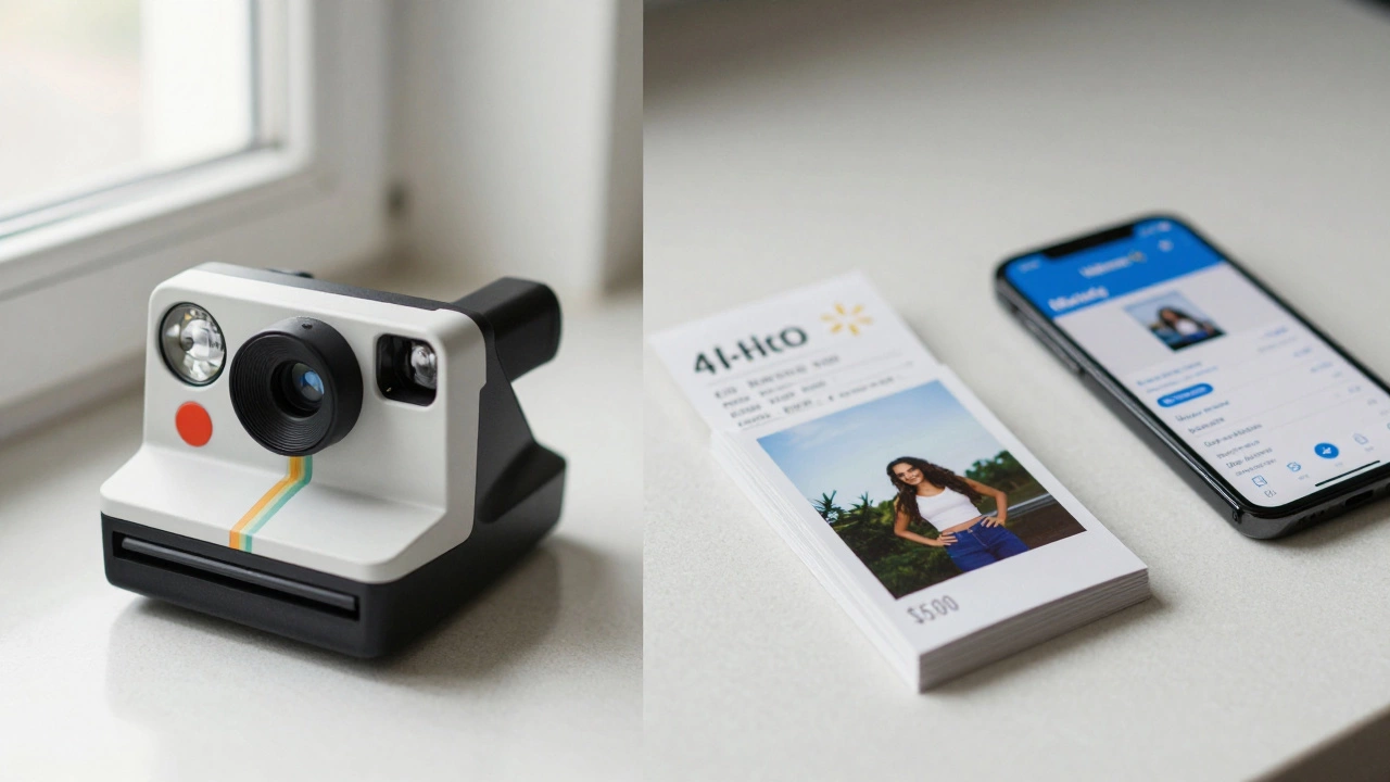 Side-by-side of Polaroid camera and Walmart photo prints with app on phone.