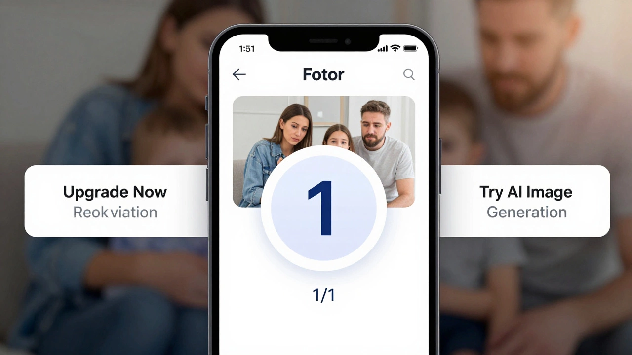 Smartphone screen showing Fotor's free tier limits with upgrade pop-ups and a family photo being uploaded.