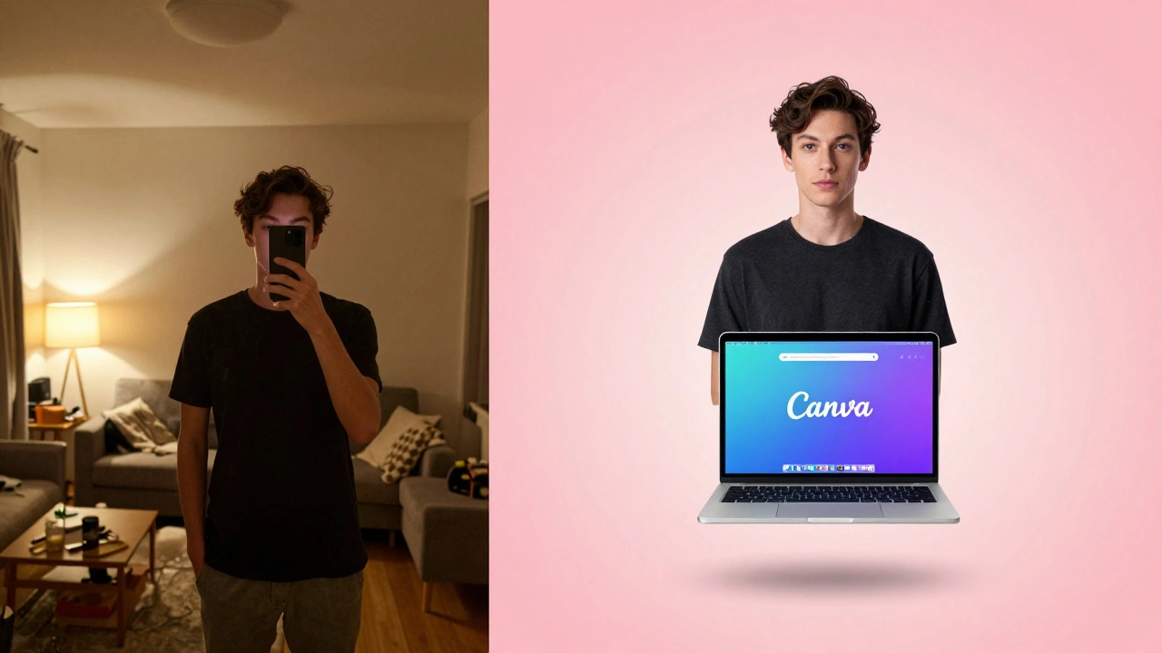 Split image showing messy photo transformed into clean cut-out on pink gradient background.