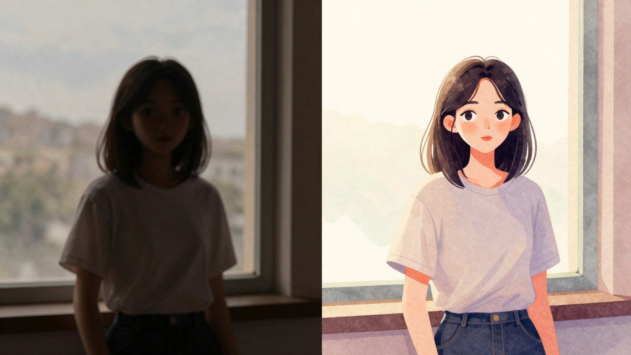 Split-screen showing a dull photo transformed into a vibrant edited version.