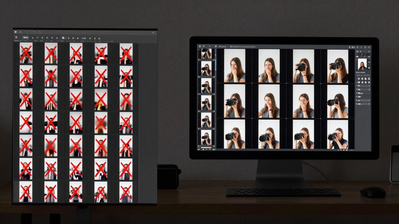 Split-screen showing hundreds of raw photos being edited down to 120 high-quality final images.