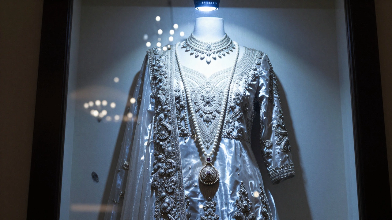 A glossy photo of bridal jewelry under bright light, with a visible fingerprint and reflective glare highlighting its fragility.