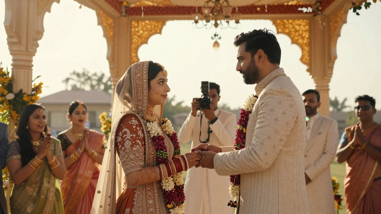 Hindu wedding ceremony at mandap, photographers capturing vows and guest emotions.