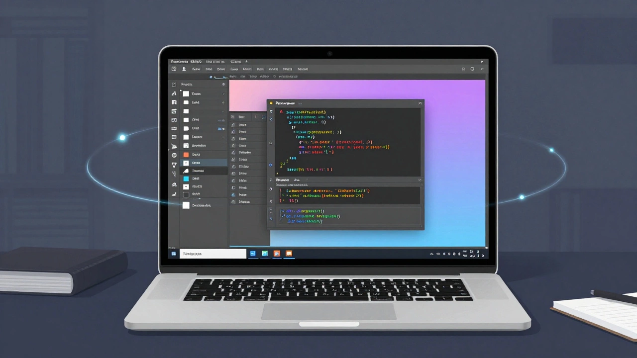 Laptop screen with Photopea open, editing a presentation image with layered background replacement.