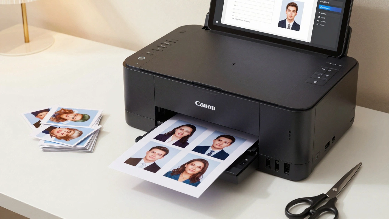 Printer producing multiple passport photos on glossy paper with scissors and cut photos nearby.