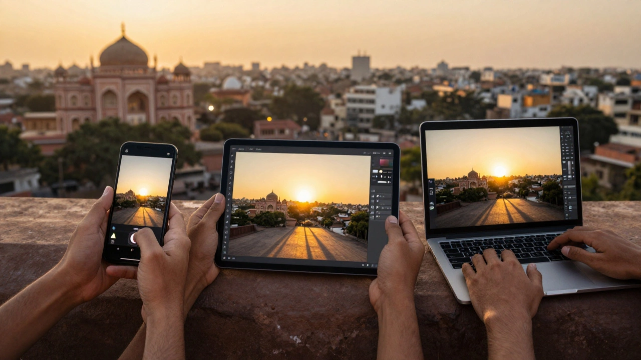 Three devices showing free photo editing apps being used by people across Indian cities.