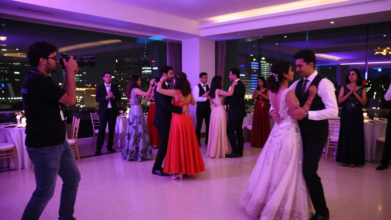 Wedding reception dancing, two photographers capturing dance floor and first dance.