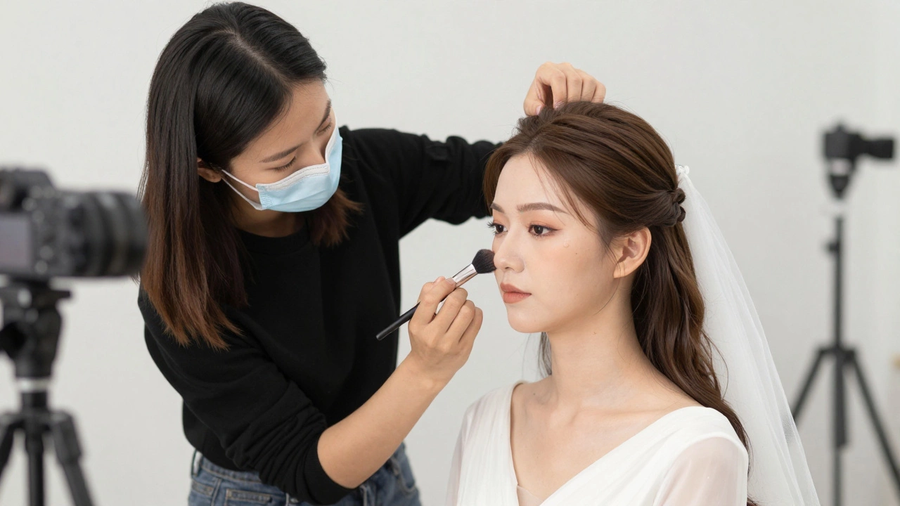 A makeup artist applies foundation carefully to a bride’s face while her hair is being styled behind her.