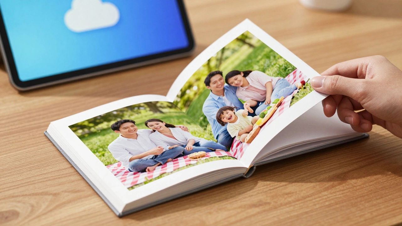 A small photo book open on a table showing family memories, with a hand turning the page as a cloud storage icon fades in the background.