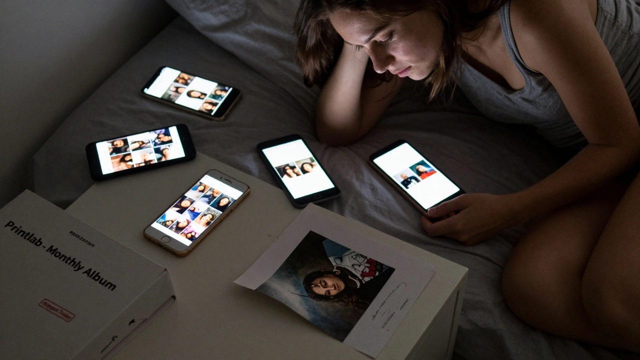 A young woman surrounded by glowing phones, with one forgotten printed photo on her nightstand beside a Printlab album box.