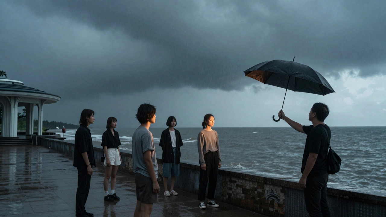 Outdoor photoshoot setup near waterfront with dramatic cloudy sky overhead.