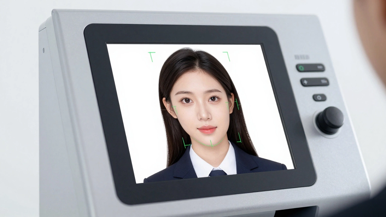 Passport photo machine with facial alignment guides on display screen