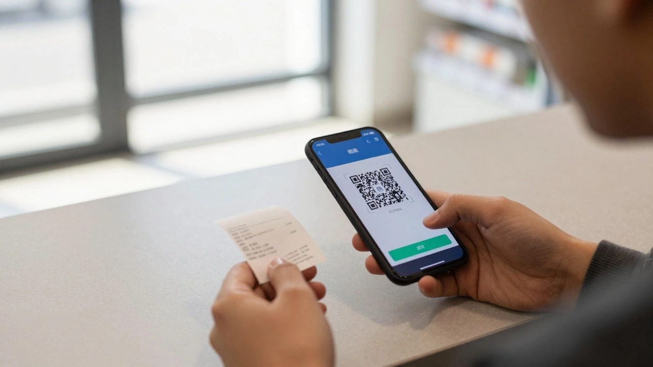 Person scanning QR code from receipt with smartphone camera