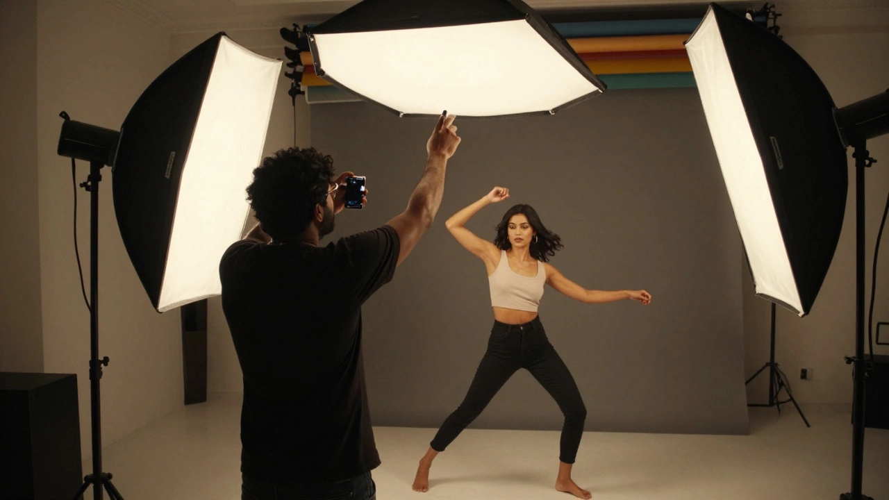 Photographer adjusting studio lights during commercial photoshoot.