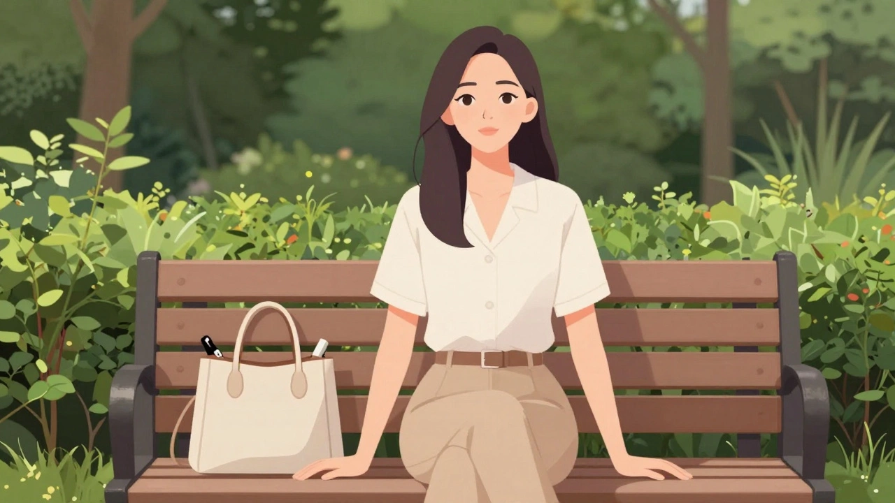 Relaxed model sitting in garden during a planned photography session.