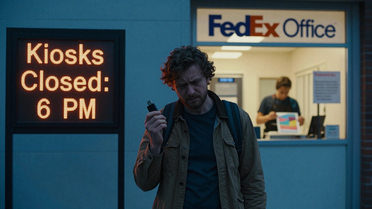 Traveler outside a closed post office at dusk, FedEx Office lit up in background.