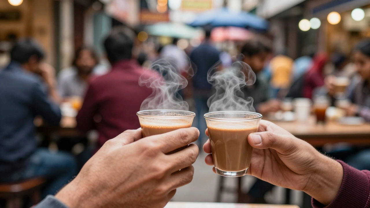 Two hands holding chai cups at a bustling Mumbai street café.