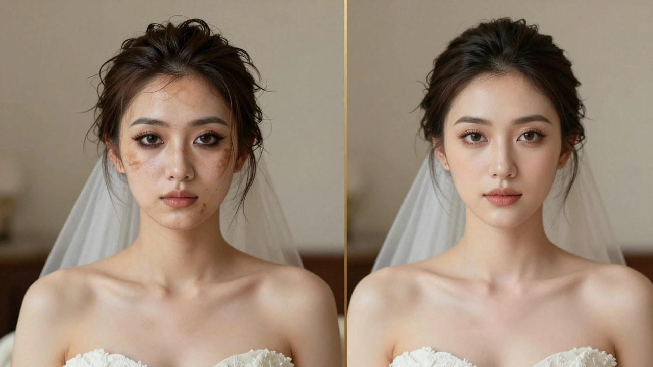 Two sides of a bride: one with smudged makeup from hair products, the other flawless — separated by a golden line.